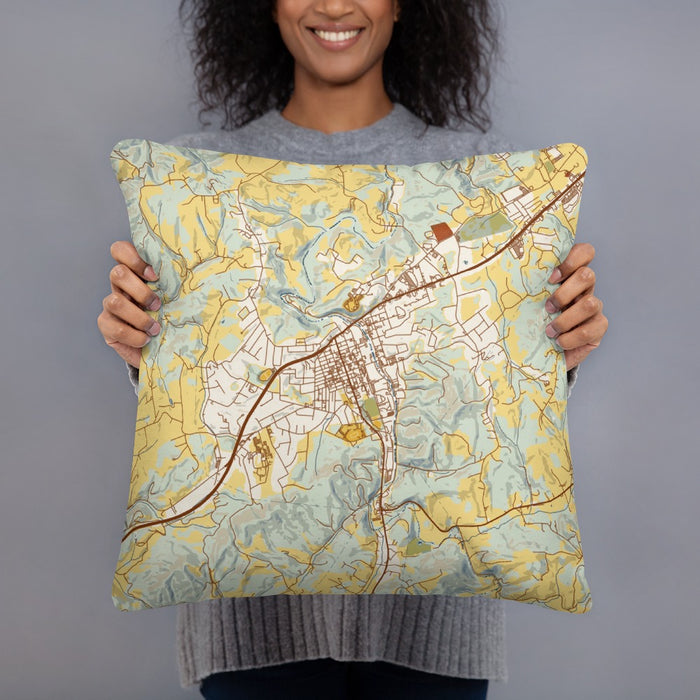 Person holding 18x18 Custom Galax Virginia Map Throw Pillow in Woodblock