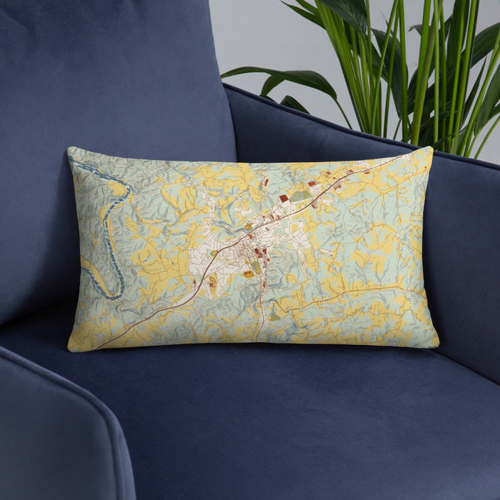 Custom Galax Virginia Map Throw Pillow in Woodblock on Blue Colored Chair