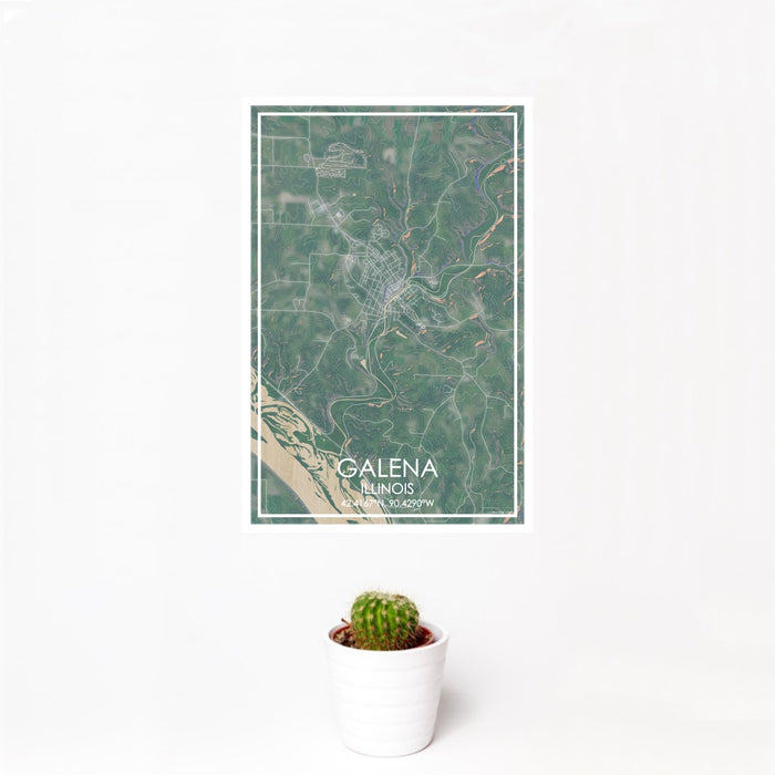 12x18 Galena Illinois Map Print Portrait Orientation in Afternoon Style With Small Cactus Plant in White Planter