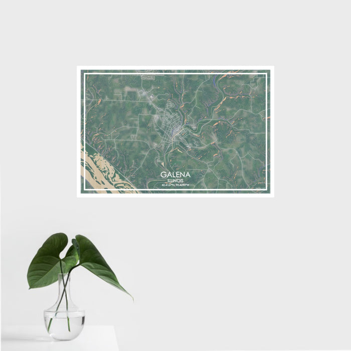 16x24 Galena Illinois Map Print Landscape Orientation in Afternoon Style With Tropical Plant Leaves in Water
