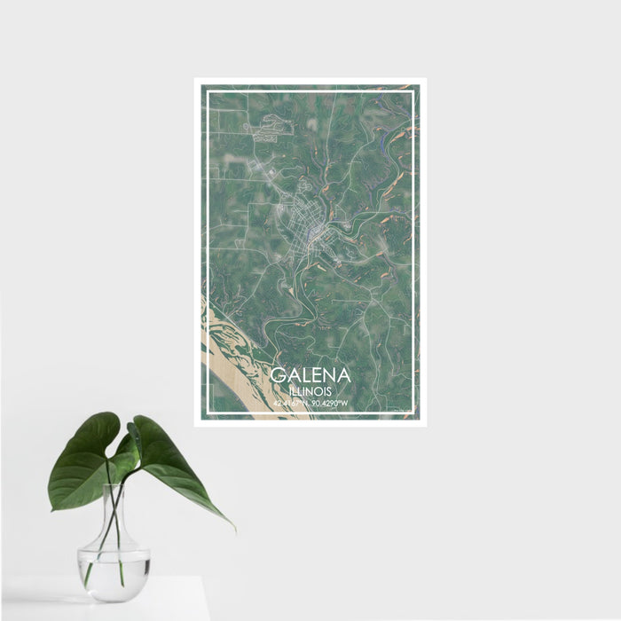 16x24 Galena Illinois Map Print Portrait Orientation in Afternoon Style With Tropical Plant Leaves in Water