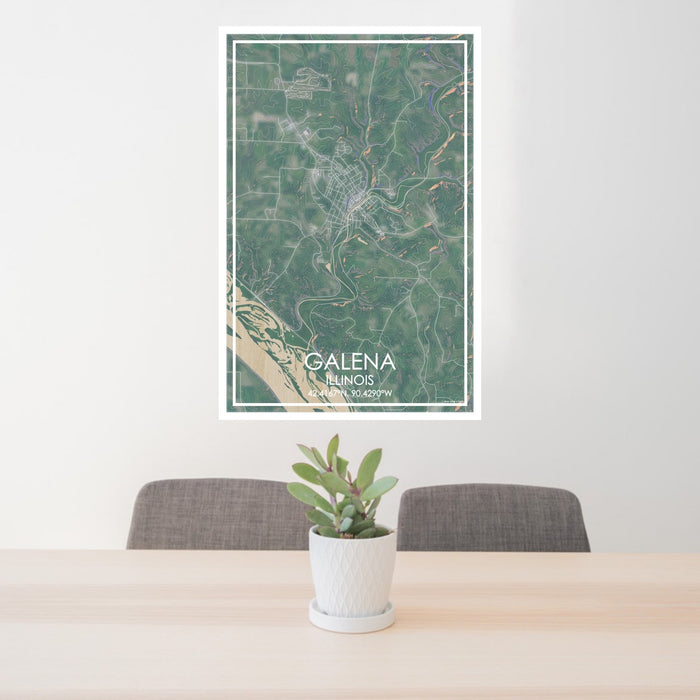 24x36 Galena Illinois Map Print Portrait Orientation in Afternoon Style Behind 2 Chairs Table and Potted Plant