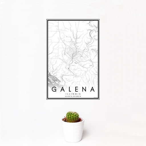 12x18 Galena Illinois Map Print Portrait Orientation in Classic Style With Small Cactus Plant in White Planter