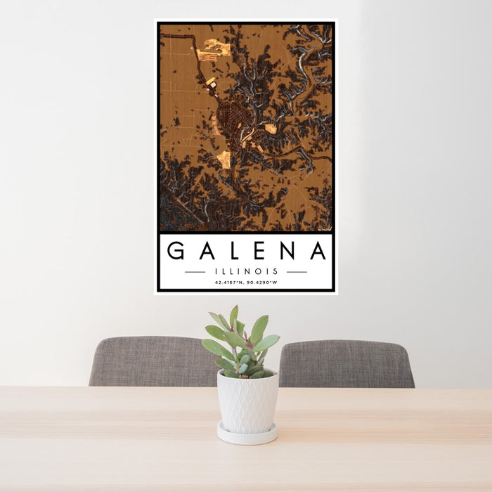 24x36 Galena Illinois Map Print Portrait Orientation in Ember Style Behind 2 Chairs Table and Potted Plant