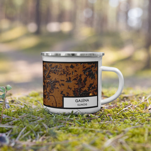 Right View Custom Galena Illinois Map Enamel Mug in Ember on Grass With Trees in Background