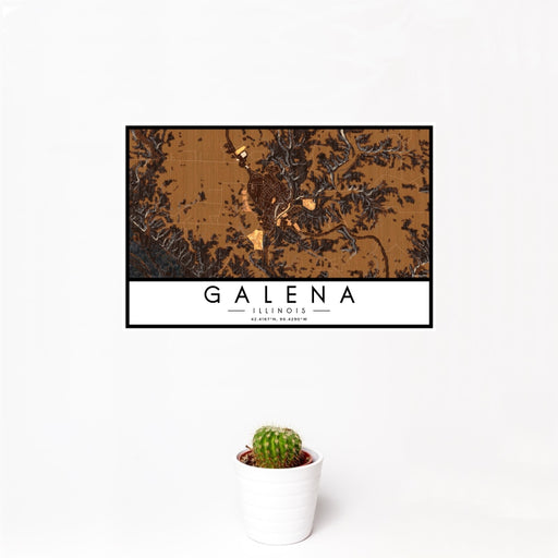 12x18 Galena Illinois Map Print Landscape Orientation in Ember Style With Small Cactus Plant in White Planter