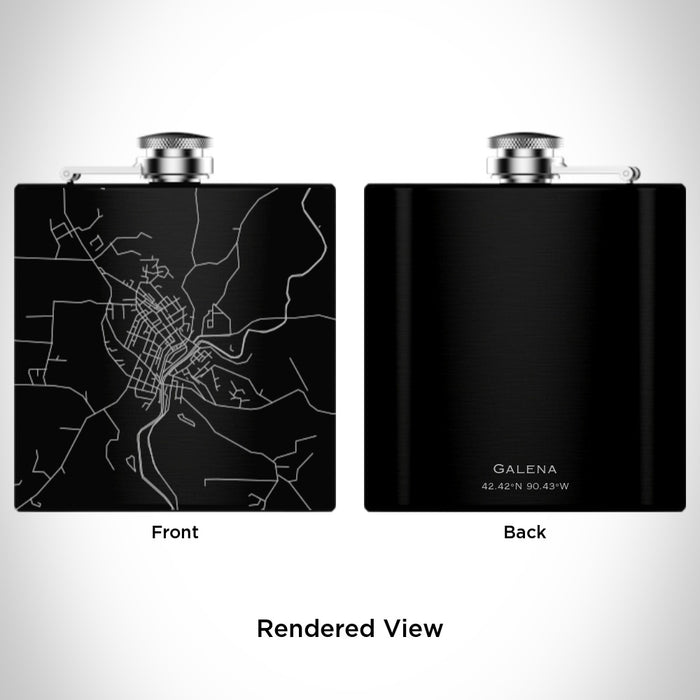 Rendered View of Galena Illinois Map Engraving on 6oz Stainless Steel Flask in Black