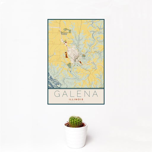 12x18 Galena Illinois Map Print Portrait Orientation in Woodblock Style With Small Cactus Plant in White Planter