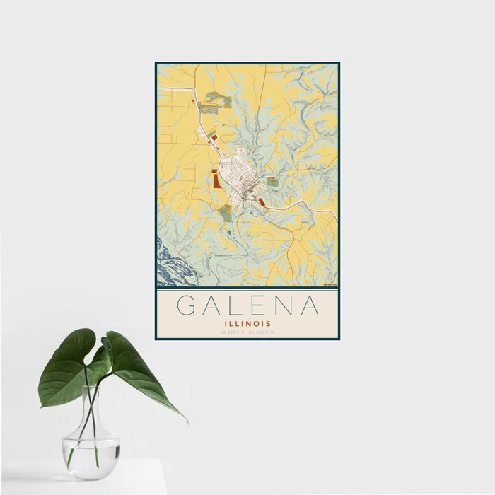 16x24 Galena Illinois Map Print Portrait Orientation in Woodblock Style With Tropical Plant Leaves in Water
