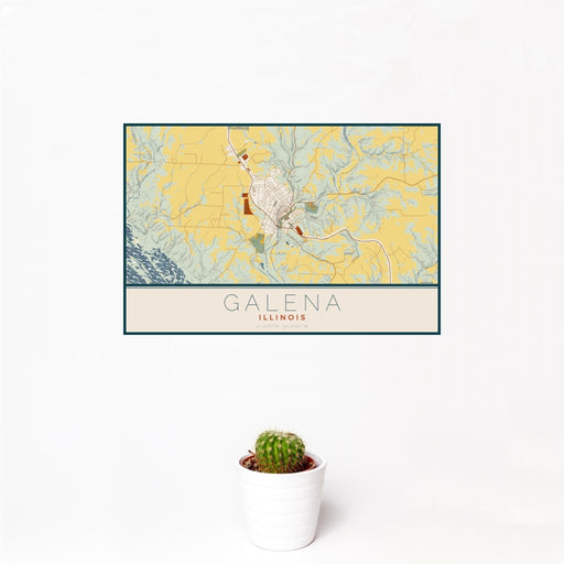12x18 Galena Illinois Map Print Landscape Orientation in Woodblock Style With Small Cactus Plant in White Planter