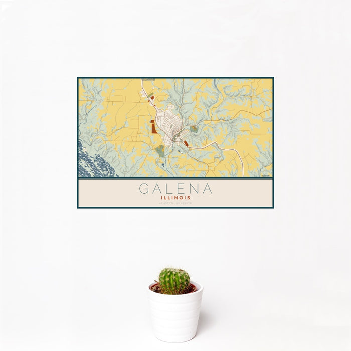 12x18 Galena Illinois Map Print Landscape Orientation in Woodblock Style With Small Cactus Plant in White Planter