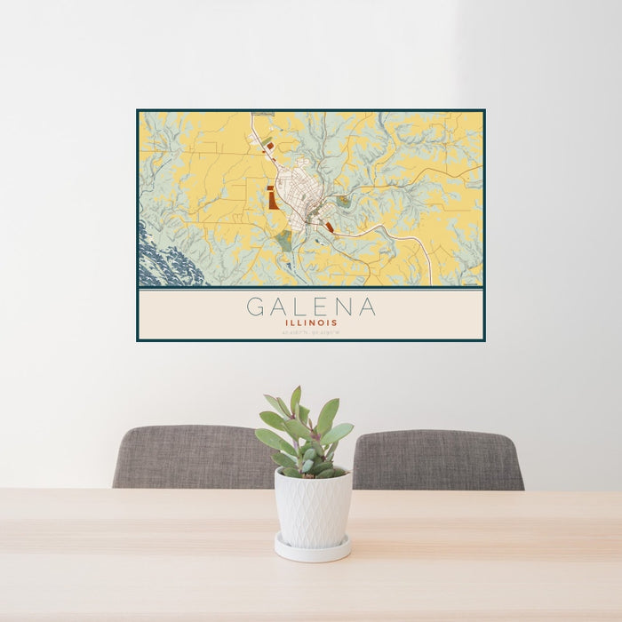 24x36 Galena Illinois Map Print Landscape Orientation in Woodblock Style Behind 2 Chairs Table and Potted Plant