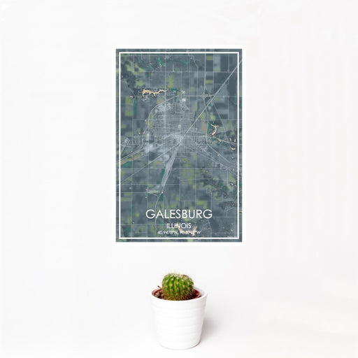 12x18 Galesburg Illinois Map Print Portrait Orientation in Afternoon Style With Small Cactus Plant in White Planter