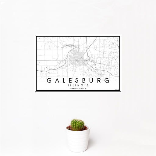 12x18 Galesburg Illinois Map Print Landscape Orientation in Classic Style With Small Cactus Plant in White Planter