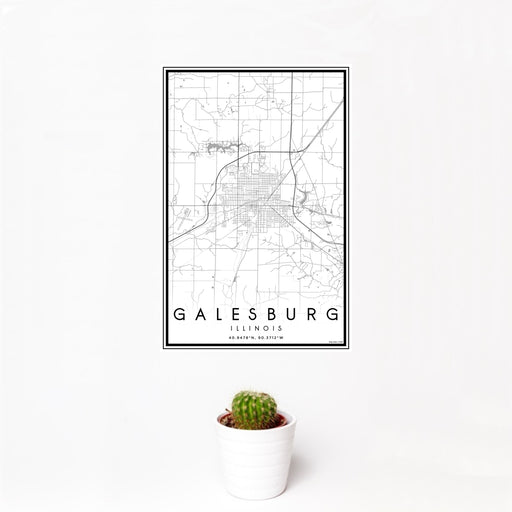 12x18 Galesburg Illinois Map Print Portrait Orientation in Classic Style With Small Cactus Plant in White Planter