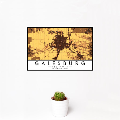 12x18 Galesburg Illinois Map Print Landscape Orientation in Ember Style With Small Cactus Plant in White Planter