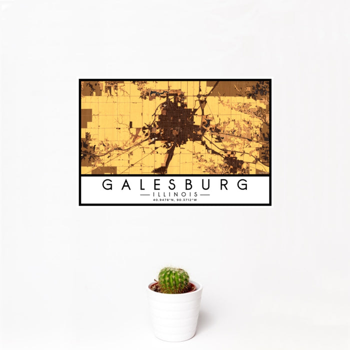 12x18 Galesburg Illinois Map Print Landscape Orientation in Ember Style With Small Cactus Plant in White Planter