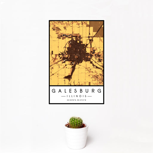 12x18 Galesburg Illinois Map Print Portrait Orientation in Ember Style With Small Cactus Plant in White Planter