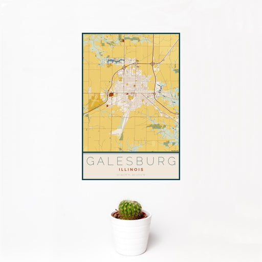 12x18 Galesburg Illinois Map Print Portrait Orientation in Woodblock Style With Small Cactus Plant in White Planter
