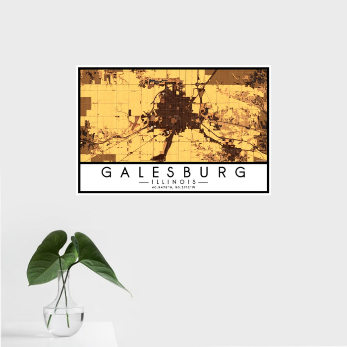 16x24 Galesburg Illinois Map Print Landscape Orientation in Ember Style With Tropical Plant Leaves in Water