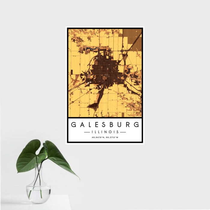 16x24 Galesburg Illinois Map Print Portrait Orientation in Ember Style With Tropical Plant Leaves in Water