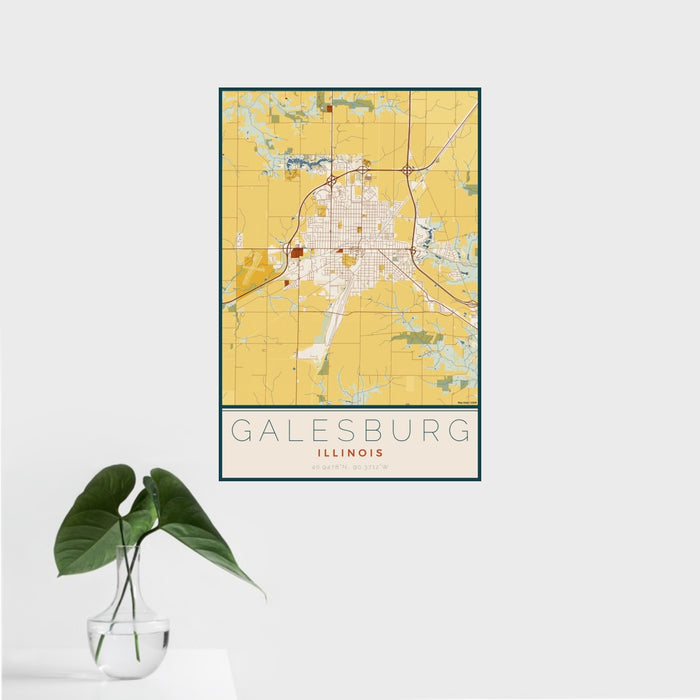 16x24 Galesburg Illinois Map Print Portrait Orientation in Woodblock Style With Tropical Plant Leaves in Water