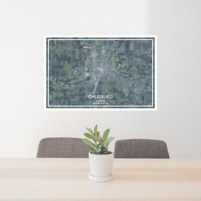 24x36 Galesburg Illinois Map Print Lanscape Orientation in Afternoon Style Behind 2 Chairs Table and Potted Plant