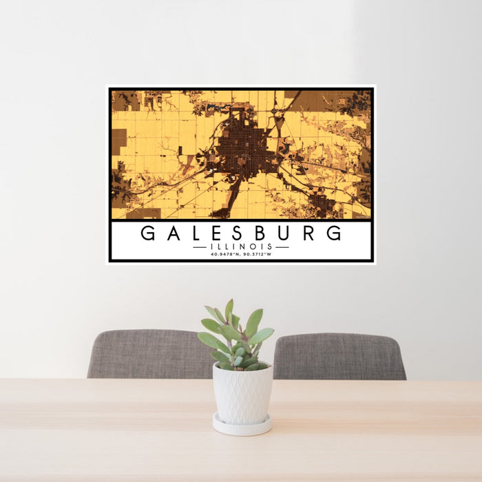 24x36 Galesburg Illinois Map Print Lanscape Orientation in Ember Style Behind 2 Chairs Table and Potted Plant