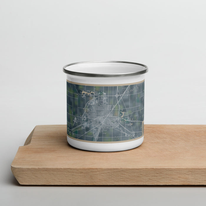Front View Custom Galesburg Illinois Map Enamel Mug in Afternoon on Cutting Board