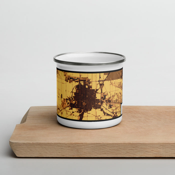 Front View Custom Galesburg Illinois Map Enamel Mug in Ember on Cutting Board