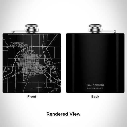 Rendered View of Galesburg Illinois Map Engraving on 6oz Stainless Steel Flask in Black