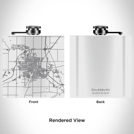 Rendered View of Galesburg Illinois Map Engraving on 6oz Stainless Steel Flask in White