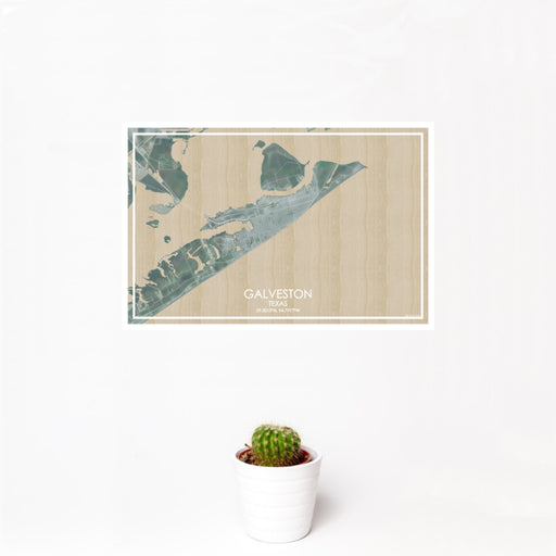 12x18 Galveston Texas Map Print Landscape Orientation in Afternoon Style With Small Cactus Plant in White Planter
