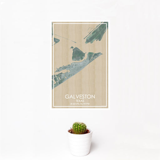 12x18 Galveston Texas Map Print Portrait Orientation in Afternoon Style With Small Cactus Plant in White Planter