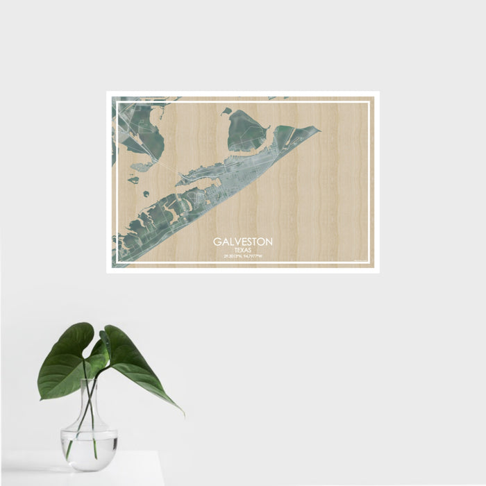 16x24 Galveston Texas Map Print Landscape Orientation in Afternoon Style With Tropical Plant Leaves in Water