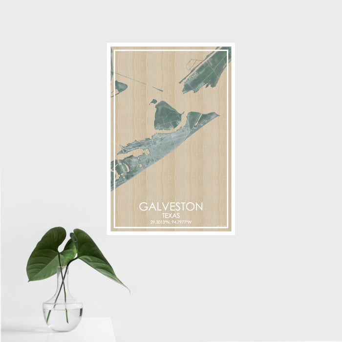 16x24 Galveston Texas Map Print Portrait Orientation in Afternoon Style With Tropical Plant Leaves in Water