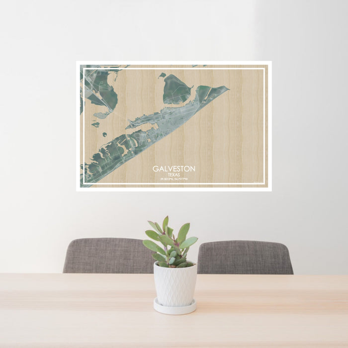 24x36 Galveston Texas Map Print Lanscape Orientation in Afternoon Style Behind 2 Chairs Table and Potted Plant