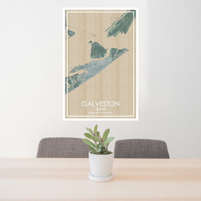 24x36 Galveston Texas Map Print Portrait Orientation in Afternoon Style Behind 2 Chairs Table and Potted Plant
