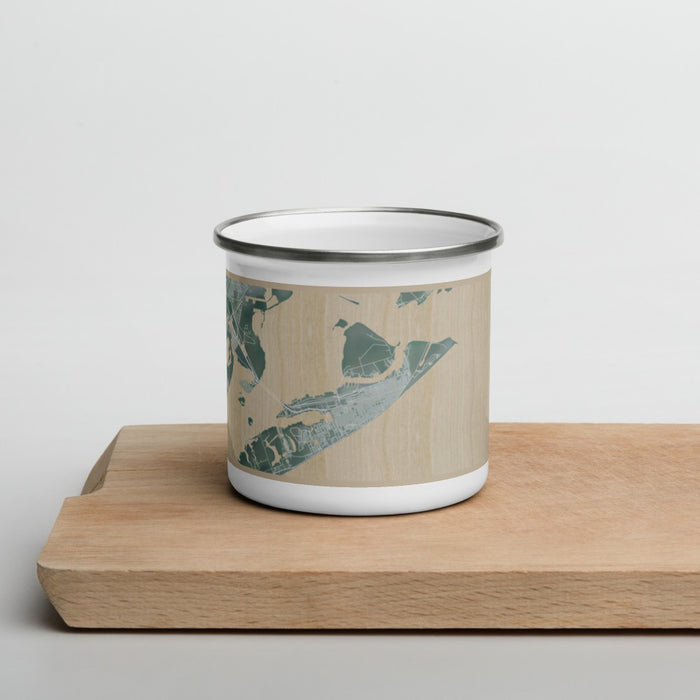 Front View Custom Galveston Texas Map Enamel Mug in Afternoon on Cutting Board