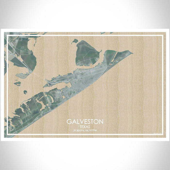 Galveston Texas Map Print Landscape Orientation in Afternoon Style With Shaded Background