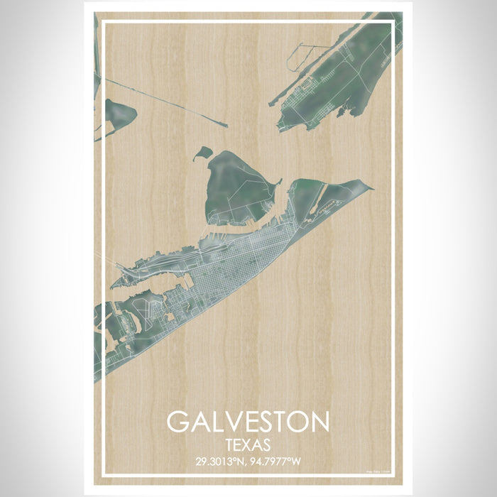 Galveston Texas Map Print Portrait Orientation in Afternoon Style With Shaded Background