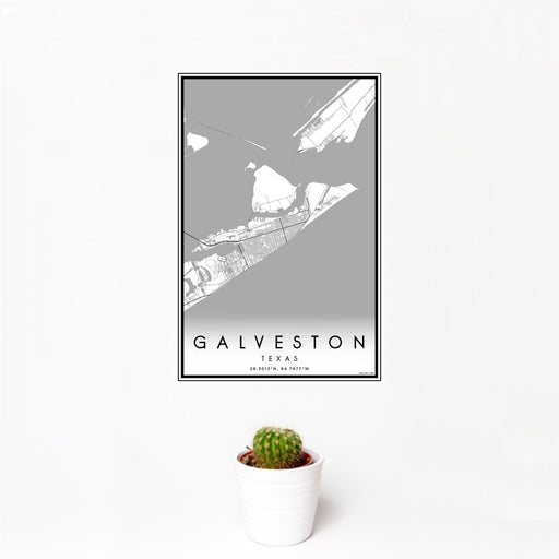 12x18 Galveston Texas Map Print Portrait Orientation in Classic Style With Small Cactus Plant in White Planter