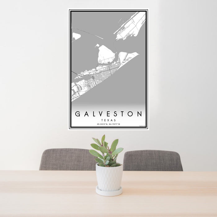24x36 Galveston Texas Map Print Portrait Orientation in Classic Style Behind 2 Chairs Table and Potted Plant