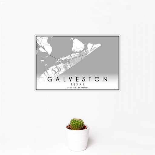 12x18 Galveston Texas Map Print Landscape Orientation in Classic Style With Small Cactus Plant in White Planter