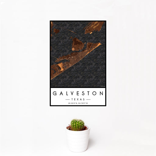 12x18 Galveston Texas Map Print Portrait Orientation in Ember Style With Small Cactus Plant in White Planter