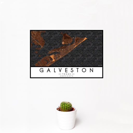 12x18 Galveston Texas Map Print Landscape Orientation in Ember Style With Small Cactus Plant in White Planter