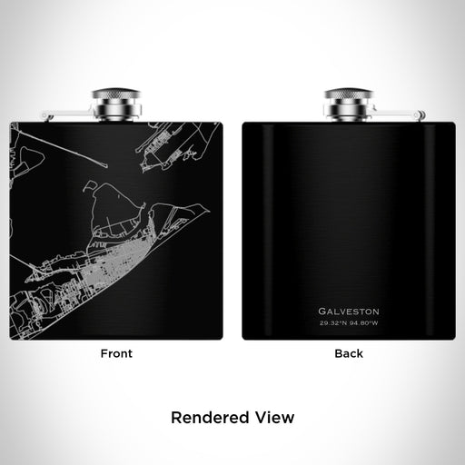 Rendered View of Galveston Texas Map Engraving on 6oz Stainless Steel Flask in Black