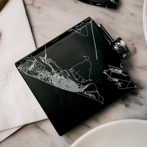 Galveston Texas Custom Engraved City Map Inscription Coordinates on 6oz Stainless Steel Flask in Black