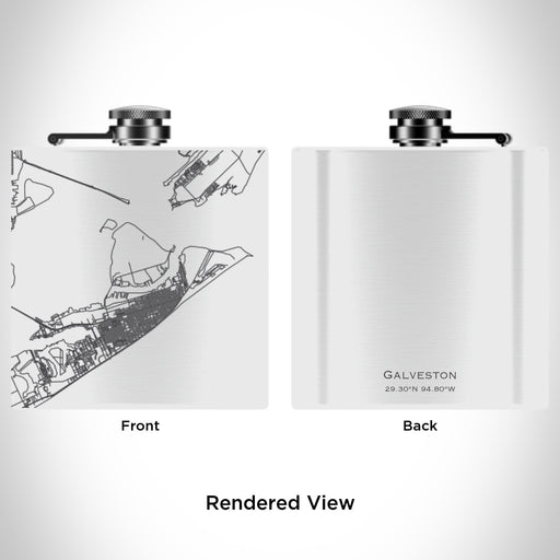 Rendered View of Galveston Texas Map Engraving on 6oz Stainless Steel Flask in White