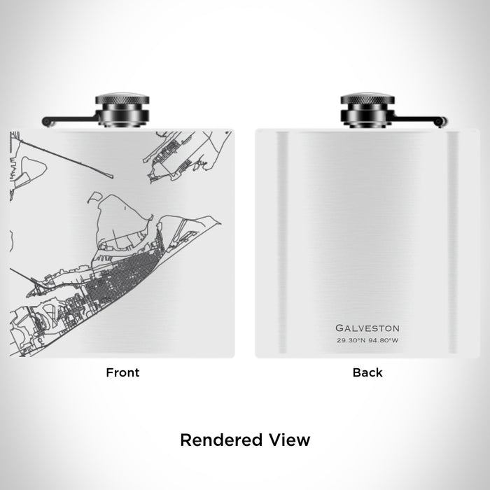 Rendered View of Galveston Texas Map Engraving on 6oz Stainless Steel Flask in White